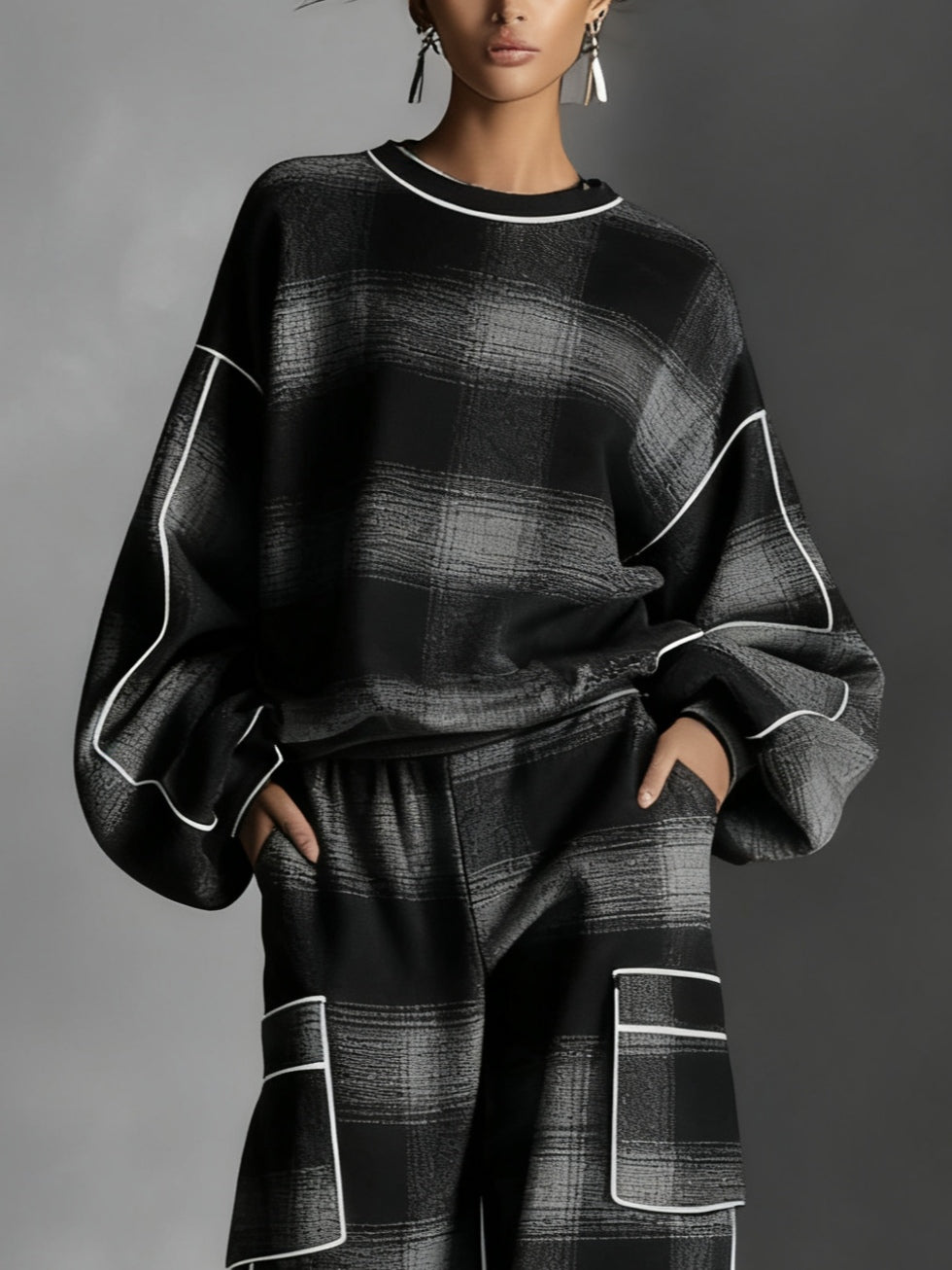 Men's Black & Gray Plaid Color-Blocked Sweatshirt and Casual Pants Two-Piece Set - Street Style Comfort