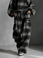 Men's Black & Gray Plaid Color-Blocked Sweatshirt and Casual Pants Two-Piece Set - Street Style Comfort