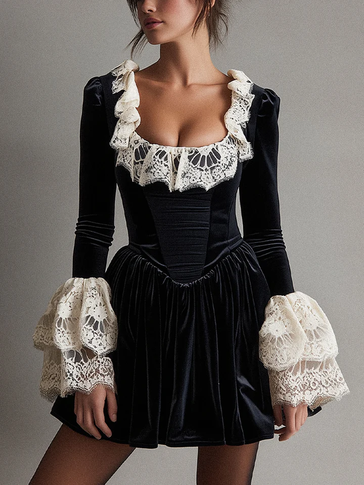 Vintage Gothic Square Neck Velvet & Lace Patchwork Mini Dress - Dark Romance