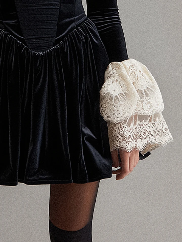 Vintage Gothic Square Neck Velvet & Lace Patchwork Mini Dress - Dark Romance