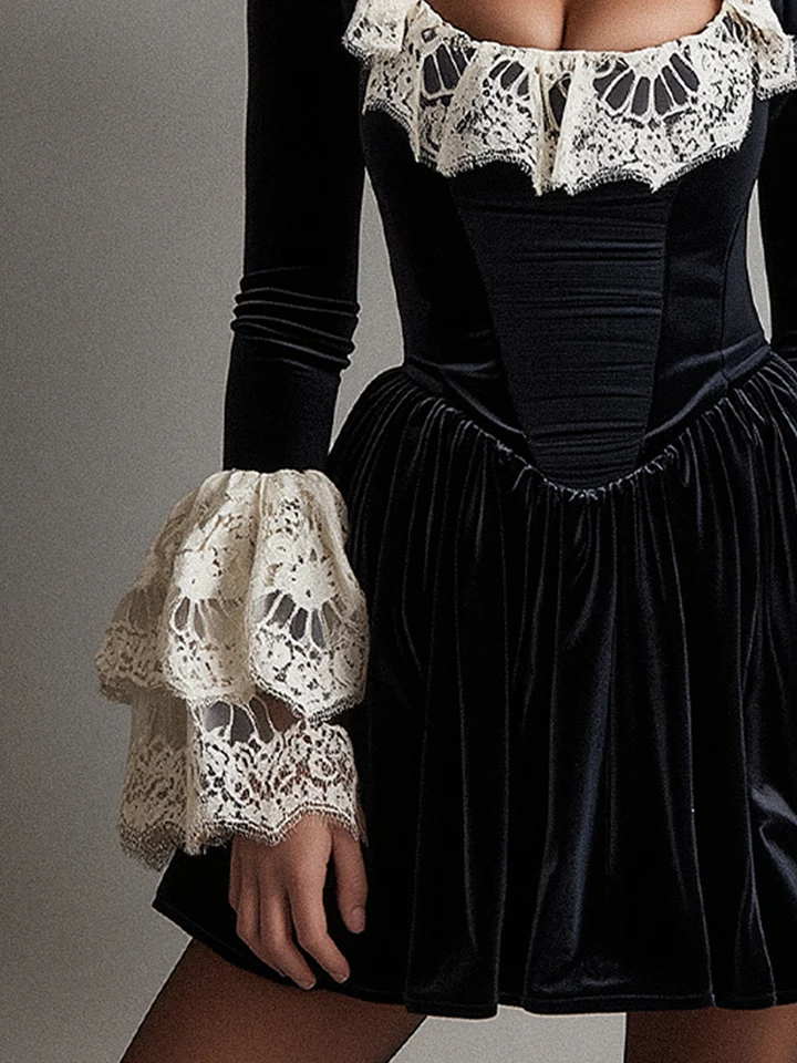 Vintage Gothic Square Neck Velvet & Lace Patchwork Mini Dress - Dark Romance