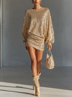 Sparkling Gold Sequin Mini Dress with Loose Lantern Sleeves - Perfect for Parties and Evening Events
