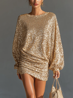 Sparkling Gold Sequin Mini Dress with Loose Lantern Sleeves - Perfect for Parties and Evening Events
