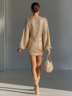 Sparkling Gold Sequin Mini Dress with Loose Lantern Sleeves - Perfect for Parties and Evening Events