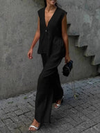 Elegant Cotton and Linen V-Neck Ruffled Two-Piece Suit for Women - Casual Leisure Wear