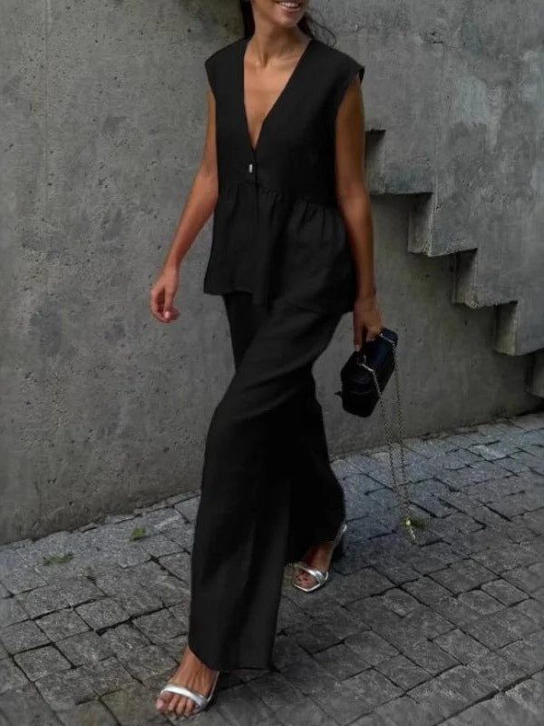 Elegant Cotton and Linen V-Neck Ruffled Two-Piece Suit for Women - Casual Leisure Wear