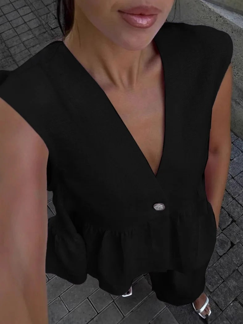 Elegant Cotton and Linen V-Neck Ruffled Two-Piece Suit for Women - Casual Leisure Wear