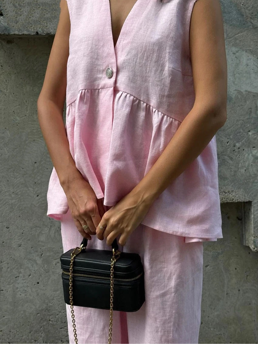 Elegant Cotton and Linen V-Neck Ruffled Two-Piece Suit for Women - Casual Leisure Wear