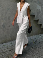 Elegant Cotton and Linen V-Neck Ruffled Two-Piece Suit for Women - Casual Leisure Wear