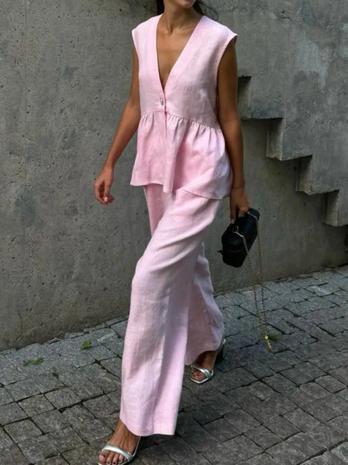 Elegant Cotton and Linen V-Neck Ruffled Two-Piece Suit for Women - Casual Leisure Wear