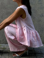 Elegant Cotton and Linen V-Neck Ruffled Two-Piece Suit for Women - Casual Leisure Wear