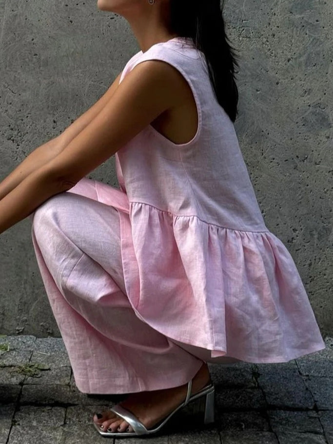 Elegant Cotton and Linen V-Neck Ruffled Two-Piece Suit for Women - Casual Leisure Wear