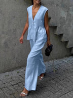 Elegant Cotton and Linen V-Neck Ruffled Two-Piece Suit for Women - Casual Leisure Wear