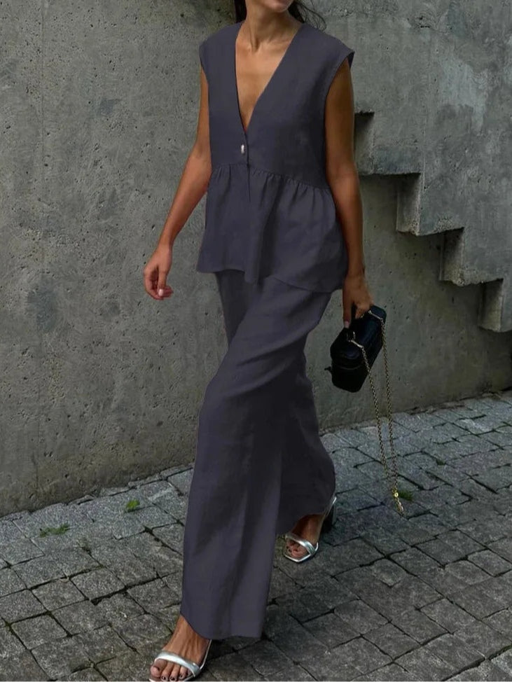 Elegant Cotton and Linen V-Neck Ruffled Two-Piece Suit for Women - Casual Leisure Wear