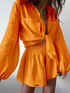 Women's Linen Blend Two-Piece Set: Balloon Sleeve Shirt and Frill Shorts