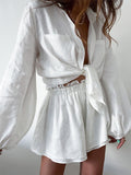 Women's Linen Blend Two-Piece Set: Balloon Sleeve Shirt and Frill Shorts