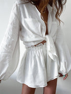 Women's Linen Blend Two-Piece Set: Balloon Sleeve Shirt and Frill Shorts