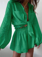 Women's Linen Blend Two-Piece Set: Balloon Sleeve Shirt and Frill Shorts