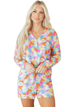 Pink Valentines Candy Heart V Neck Collared Tunic Shirt and Shorts 2pcs Pajama Set for Women