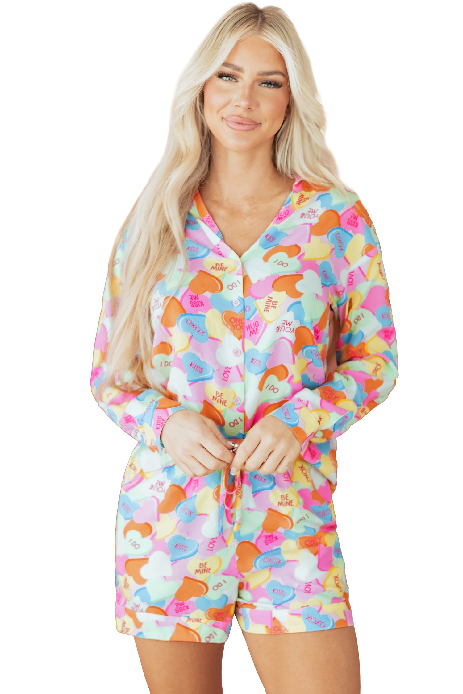 Pink Valentines Candy Heart V Neck Collared Tunic Shirt and Shorts 2pcs Pajama Set for Women