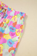 Pink Valentines Candy Heart V Neck Collared Tunic Shirt and Shorts 2pcs Pajama Set for Women