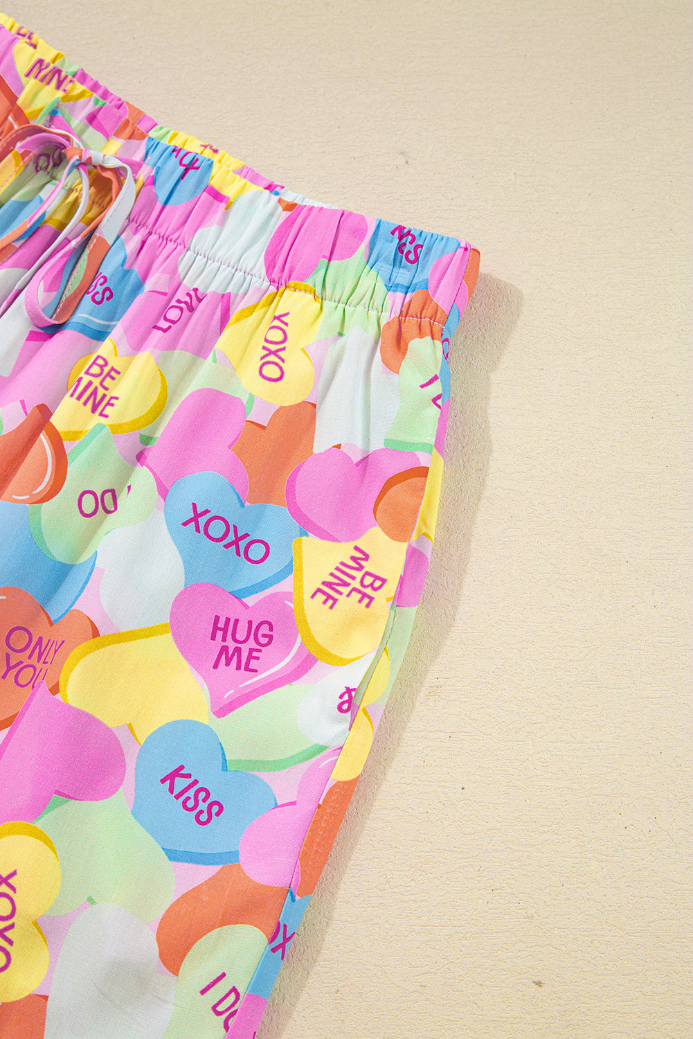 Pink Valentines Candy Heart V Neck Collared Tunic Shirt and Shorts 2pcs Pajama Set for Women