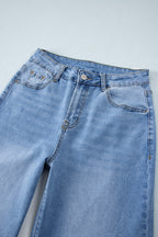 Dusk Blue Raw Hem Straight Leg Loose High Waist Jeans