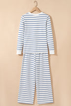 Sail Blue Striped Long Sleeve Top Drawstring Wide Leg Pants 2pcs Outfit
