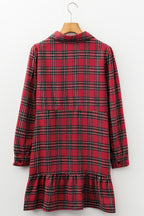 Red Plaid Shirt Collar Half Button Ruffle Hem Long Sleeve Mini Dress