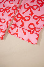 Chic Pink 2-Piece Bow Print Shirt Style Long Sleeve Pajama Set for Women