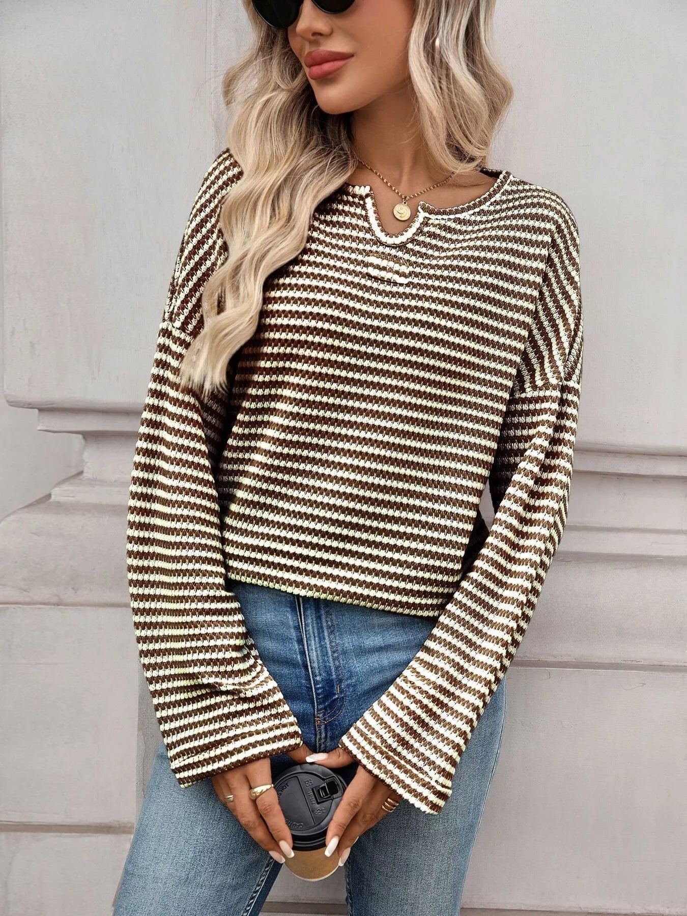 Striped Notched Long Sleeve T-Shirt