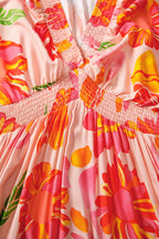 Beige Floral Print Smocked Detail V Neck Puff Sleeve Flowy Maxi Dress