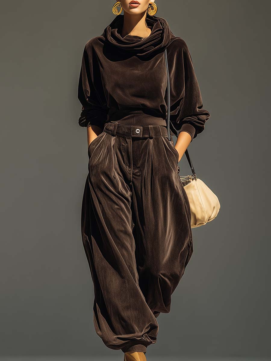 Luxury Vintage Brown Velvet Hoodie & Loose-Fit Trousers Set with Belt - Comfortable & Stylish Loungewear
