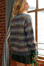 Gray Dotty Pattern Knit Button Front V Neck Sweater Cardigan