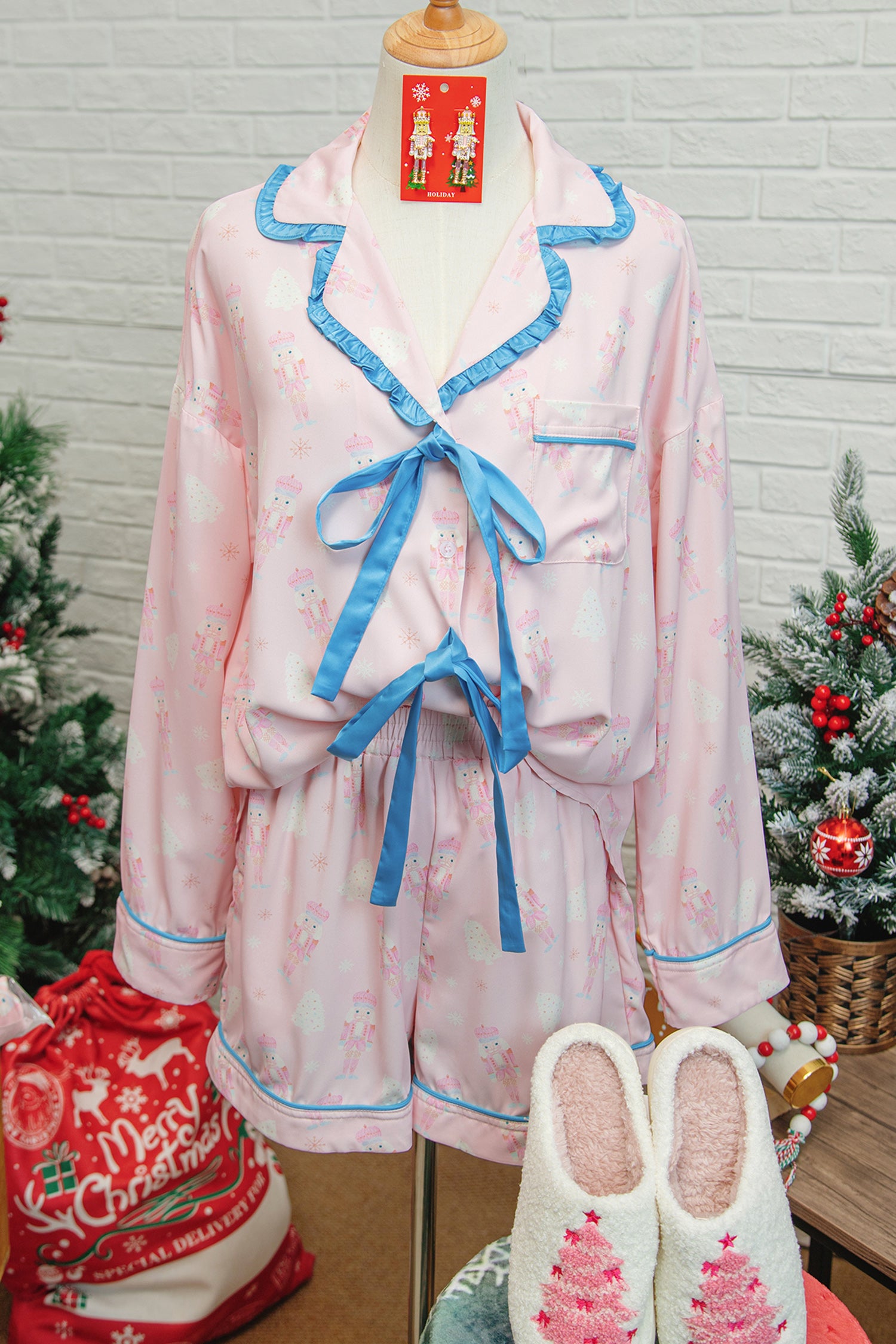 Festive Pink Nutcracker Long Sleeve Pajama Set with Bow Tie Detail