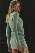 Smoke Green Raw Edge Trim Boat Neck Sweater Drawstring Side Mini Skirt 2pcs Outfit