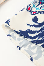 Blue Ethnic Print Striped Split Neck Long Sleeve Flowy Mini Dress