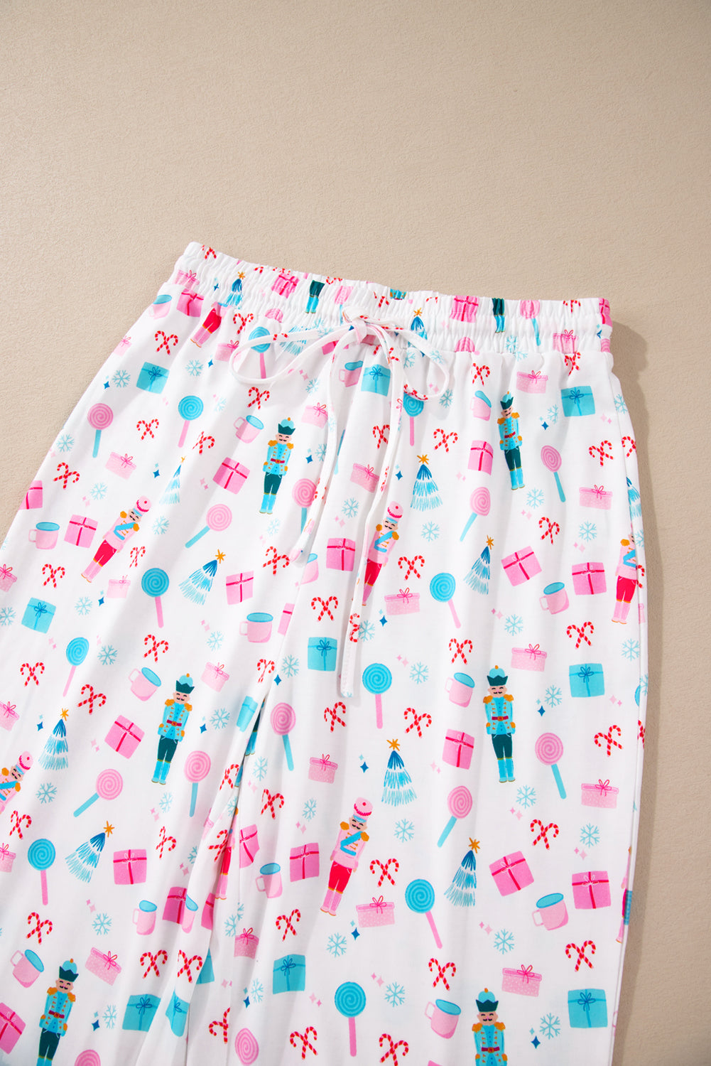 Festive White Christmas Pattern Long Sleeve Top and Wide Leg Pants Loungewear Set for Women