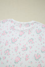 Women's Pink Floral Lettuce Trim Ribbed Tee and Shorts Lounge Set