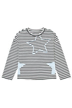 Gray Stripe Starry Patch Drop Shoulder Raw Edge Casual Knit Top