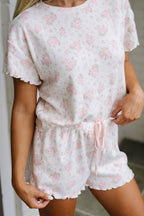 Women's Pink Floral Lettuce Trim Ribbed Tee and Shorts Lounge Set