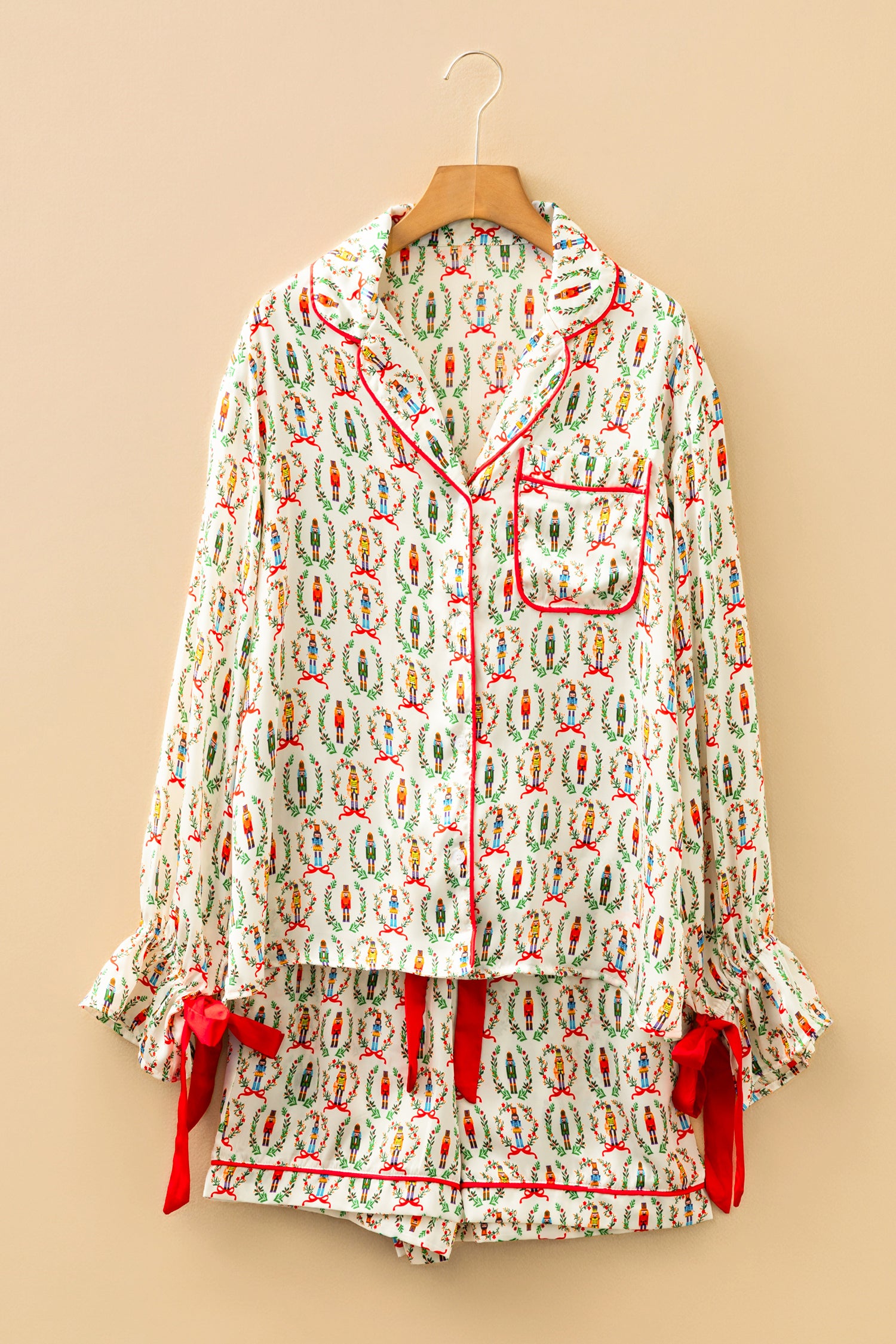 Festive Beige Nutcracker Print Silky 2-Piece Pajama Set with Contrast Trim and Tied Bow