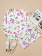 Floral Print Round Neck Top and Drawstring Pants Lounge Set