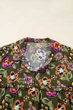 Green Floral Print Split Neck Bubble Sleeve Shift Mini Dress