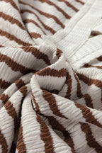 Khaki Stripe Textured Hooded V Neck Casual Long Sleeve Top