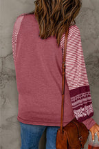 Mineral Red Contrast Print Striped Raglan Long Sleeve Loose Top