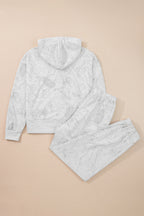 Light Grey Abstract Print Loose Drop Sleeve Hoodie Elastic Waistband 2pcs Pant Set