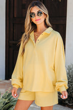 Yellow Cream Button Collar Drop Shoulder Pullover and Shorts 2pcs Outfit