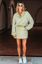 Green Stripe Collared V Neck Drop Shoulder Pullover and Skort 2pcs Outfit