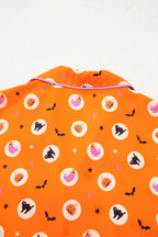 Orange Halloween Print Lapel Shirt Long 2pcs Pajama Set